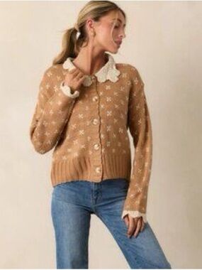 Taupe Knit Cardigan with Cream Scalloped doll Collar